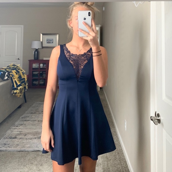 navy dress with lace neckline - Picture 3 of 4